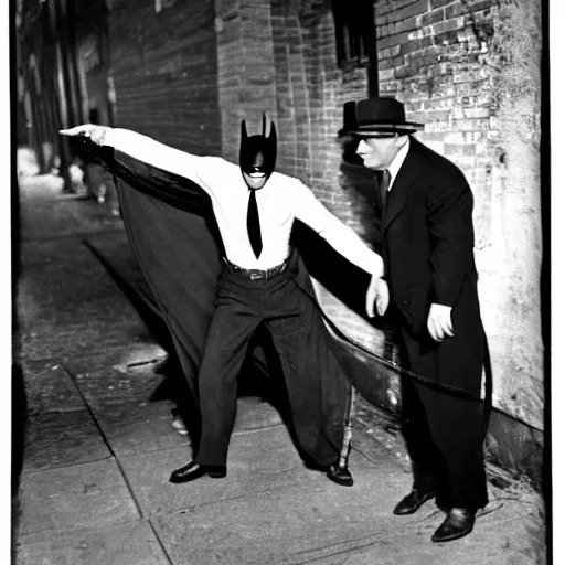 Image similar to old black and white photo, 1 9 2 5, depicting batman fighting a al capone in black tie and suit in an alley of new york city, rule of thirds, historical record