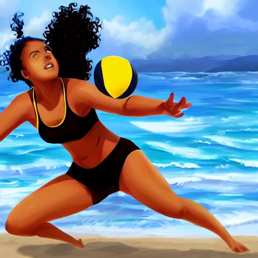 Image similar to A brown girl with black curly hair playing beach volleyball at the beach, highly detailed, artstation, 8k,