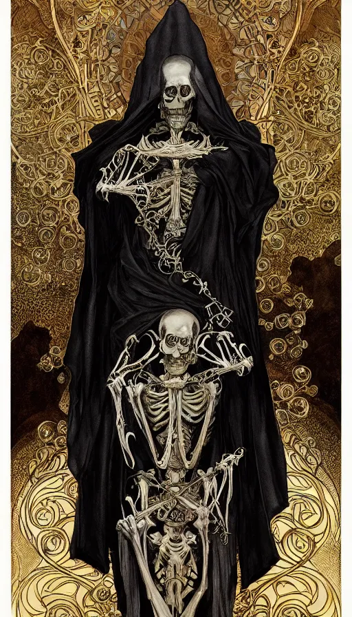 Image similar to a skeleton in a black cloak, highly detailed, very intricate, art nouveau, gold filigree, left right symmetry, tarot concept art watercolor illustration by mandy jurgens and alphonse mucha and alena aenami, featured on artstation