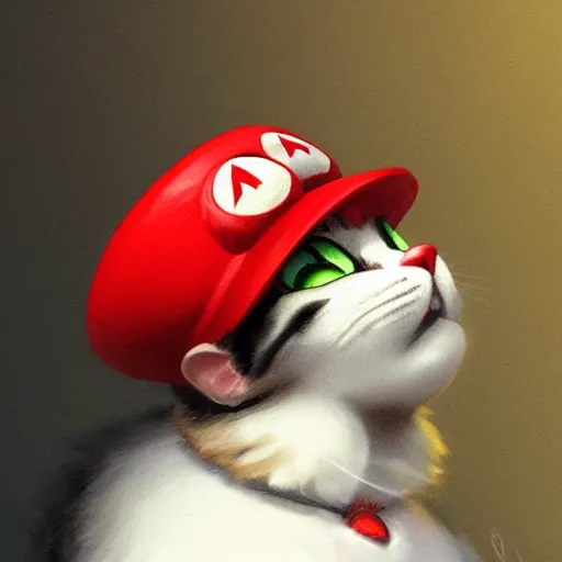 Image similar to Portrait of a Cat dressed as Super Mario, Mario hat, kawaii aesthetic, nintendo, highly detailed, digital painting, artstation, concept art, smooth, sharp focus, illustration, art by artgerm and greg rutkowski and alphonse mucha