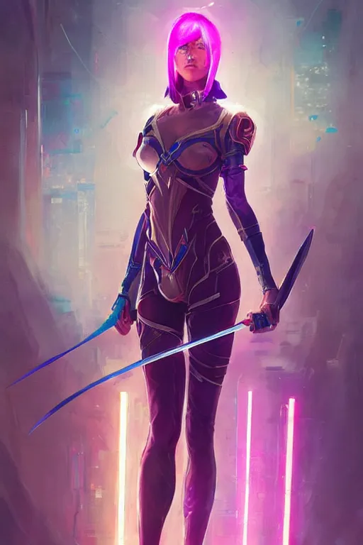 Image similar to fiora from league of legends, cyberpunk futuristic neon. fencing, long sword in her hand, decorated with traditional japanese ornaments by ismail inceoglu dragan bibin hans thoma greg rutkowski alexandros pyromallis nekro rene maritte illustrated, perfect face, fine details, realistic shaded, fine - face, pretty face, masterpiece