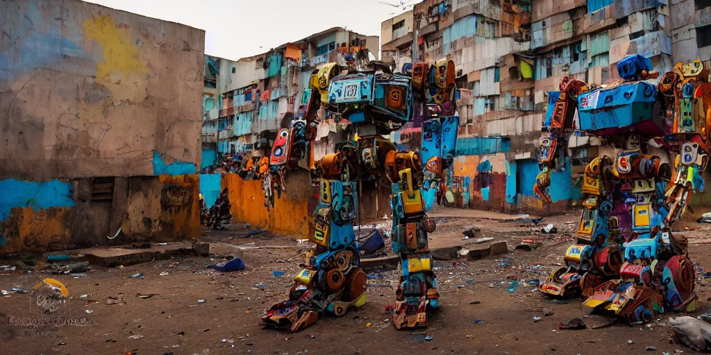 Prompt: colourful but damaged giant mecha ROBOT of AJEGUNLE SLUMS of Lagos, markings on robot, Golden Hour,