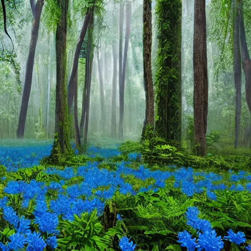 Image similar to an endless plain of blue flowers, a distant rainforest, gigantic trees in the style of avatar, h 7 0 4