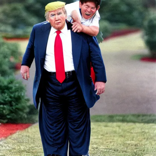 Prompt: dwarf trump getting a piggy - back ride from reagan