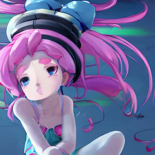 Image similar to stunningly beautilful omnipotent megalomaniacal anime goddess who looks like junko enoshima with symmetrical perfect face and porcelain skin, pink twintail hair and cyan eyes, taking control while smiling, mid view from below her feet taken in an extremely low angle, hyperdetailed, digital art, unreal engine 5, 2 d anime style, 8 k