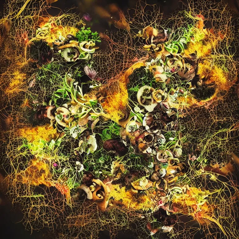 Image similar to double exposure of dally life, symbols of live, explosion, different sprouts and microgreens on mushrooms, cyber mushroom city, mushroom matrix, love is the most relevant theme, 8 k resolution, artistic mode, artistic, trending on instagram, long exposure, love art, serious, fantasy and dreams vibes, mushrooms style and macro style, spring vibes in twilight or sunset lights