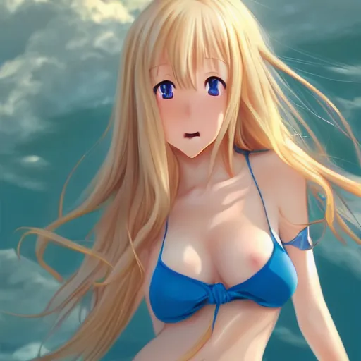 Prompt: a very beautiful young anime giantess fcrying, full body, long wavy blond hair, sky blue eyes, full round face,, bikini, miniskirt, front view, mid - shot, highly detailed, cinematic wallpaper by stanley artgerm lau
