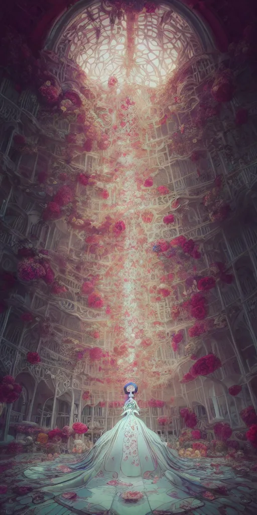 Prompt: the beautiful hyperdetailed physical rendering of a single rose wedding gothic lolita dress clothing design display in exhibition hall, perfectly shaded, atmospheric lighting, in the style of makoto shinkai victo ngai and peter mohrbacher studio ghibli artgerm karol bak beeple, surrealistic style, 8 k hd, 3 drender