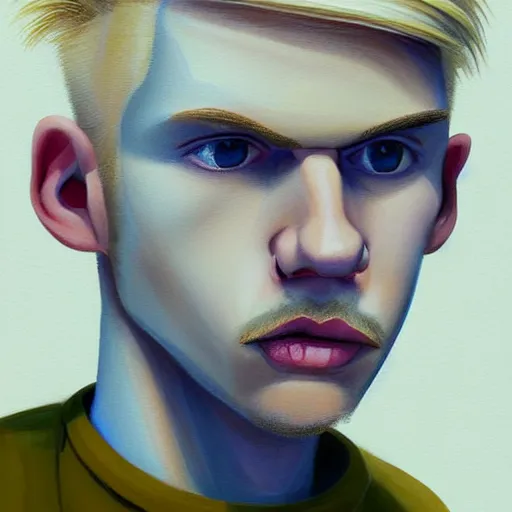 Image similar to thin blond man with blond hair long on top medium down the sides, blond beard, small chin, small nose, thin lips, English heritage, small blue eyes, tiny ears, middle aged, uncool, pale skin, narrow face, digital art, painterly, cartoon, cute, 8k, illustration, art by loish, painterly, trending on artstation, medium shot, uncropped