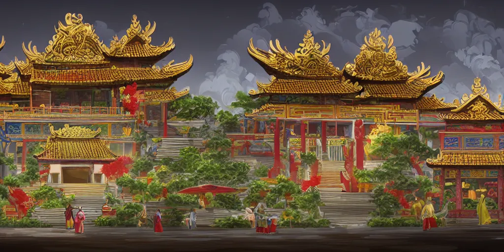 Image similar to vietnamese temple scene, 2 d side - scroller game art background, sharp, detailed, intricate, game level design, cinematic lighting, trending on artstation, in style of vinodh sivaraja and lam manh