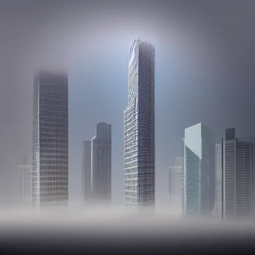 Prompt: lone skyscraper rising from a opaque carpet of fog in an otherwise sunny day. Lateral view showing the building from top to bottom. Digital matte painting