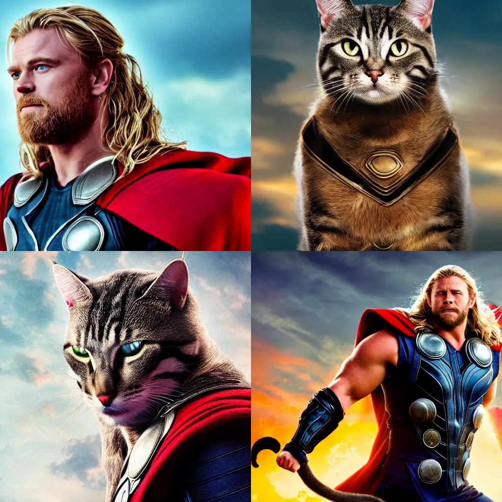 Prompt: Marvel's Thor as a cat, cinematic, 4k, high quality, dynamic lighting, dramatic portrait