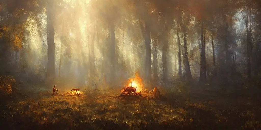 Image similar to A Craig Mullins oil painting of a hauntingly beautiful forest in the morning with a small campfire; rays of light coming through the canopy; trending on artstation; extraordinary masterpiece!!!!!!; 8k