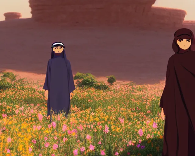 Prompt: an arab man in the desert with wildflowers, makoto shinkai, loish, studio ghibli, tooth wu