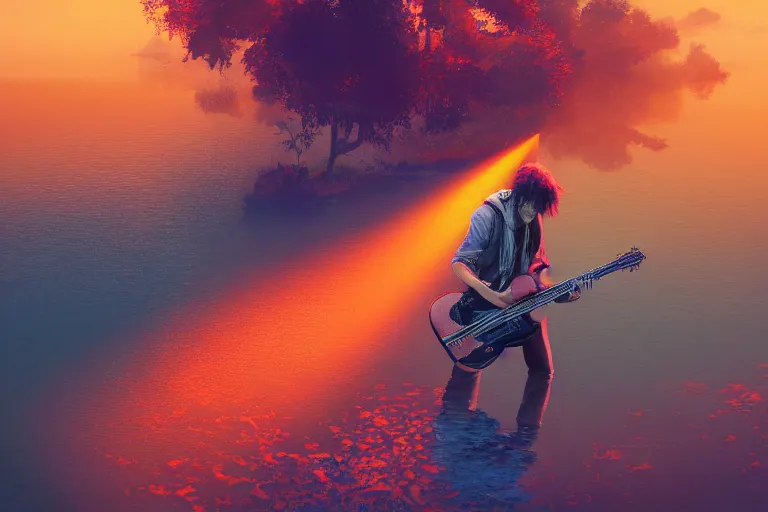 Image similar to mysterious man playing guitar near a lake, hyper detailed, orange red blue tones dramatic lighting, cgsociety, realistic, hyper detailed, insane details, intricate, dramatic lighting, hypermaximalist, golden ratio, rule of thirds, octane render, weta digital, micro details, ultra wide angle, artstation trending, 8 k,