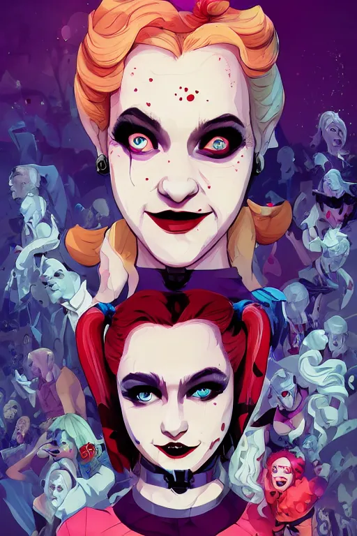 Prompt: julia garner as harley quinn, as delirium of the endless, the sandman, clean cel shaded vector art. shutterstock. behance hd by lois van baarle, artgerm, helen huang, by makoto shinkai and ilya kuvshinov, rossdraws, illustration