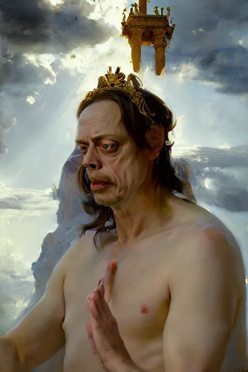 Image similar to beautiful expressive oil painting portrait of ancient roman god emperor steve buscemi ascending wearing the civic crown levitating in religious pose, art by anders zorn, wonderful masterpiece by greg rutkowski, beautiful cinematic light, american romanticism by greg manchess, jessica rossier