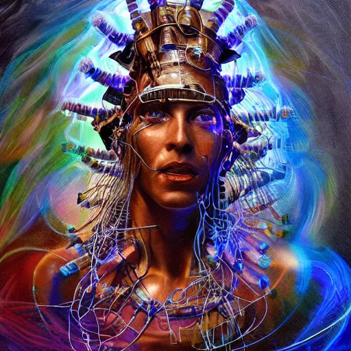 Prompt: mythological self made Shaman of artificial intelligence creating himself with an artificial neural network with synapses, high resolution, award winning art, trending on art station, sharp image, incredibly detailed, detailed character realistic painting