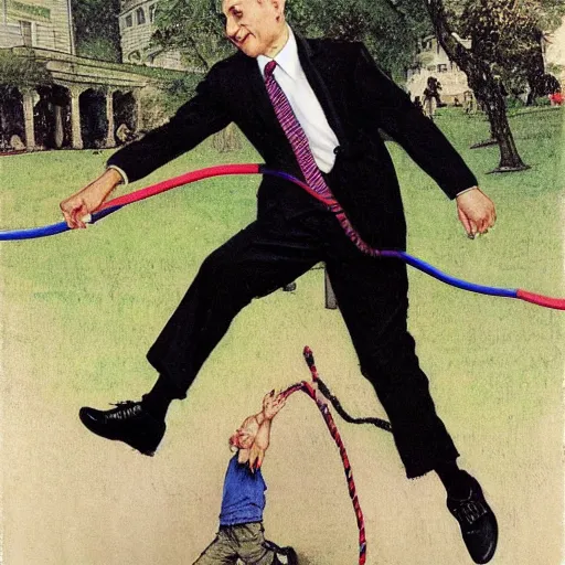 Image similar to benjamin netanyahu jumping a skip rope in a public park by norman rockwell