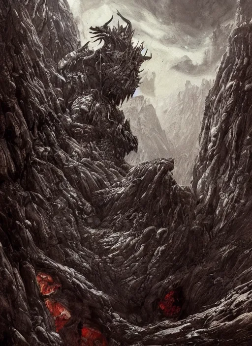Image similar to a monster in the mountains of hell, oil painting by tomasz jedruszek and stephen king, the master of horror, cinematic lighting, pen and ink, intricate line, hd, 4 k, million of likes, trending on artstation