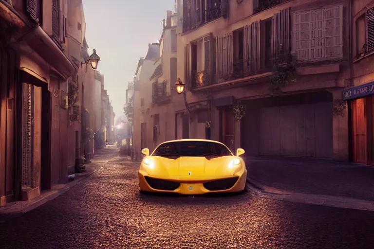 Image similar to a wholesome animation key shot of one focused ferrari, dynamic, on an ancient paris street, photo taken at night, wide shot, studio ghibli, pixar and disney animation, sharp, very detailed, high resolution, rendered in unreal engine 5, anime key art by greg rutkowski, overcast lighting, dark