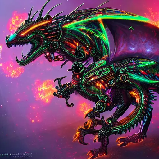 Image similar to cyberpunk dragon made of psychedelic particle effects breathing a flame of clockwork and gears, high detail