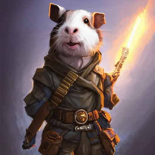 Image similar to cute little anthropomorphic Guinea Pig wearing Metal Gear outfit, ultra wide lens shot , tiny, small, short, cute and adorable, pretty, beautiful, DnD character art portrait, matte fantasy painting, DeviantArt Artstation, by Jason Felix by Steve Argyle by Tyler Jacobson by Peter Mohrbacher, cinematic lighting