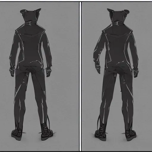 Image similar to cyberpunk cat in suit sketch, front'side and backview'modelling reference sheet