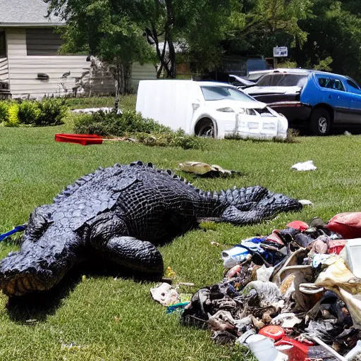 Prompt: one large alligator on a leash sleeping next to a very large mound of trash, papers, junk, and metal parts in a suburban yard