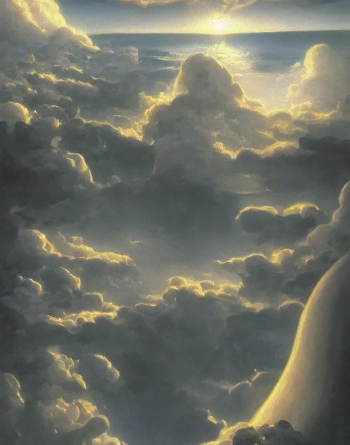 Prompt: Gates of heaven in the clouds by ralph mcquarrie, concept art, ultra realistic, super detailed, photorealistic, cinematographic, epic lighting, religious