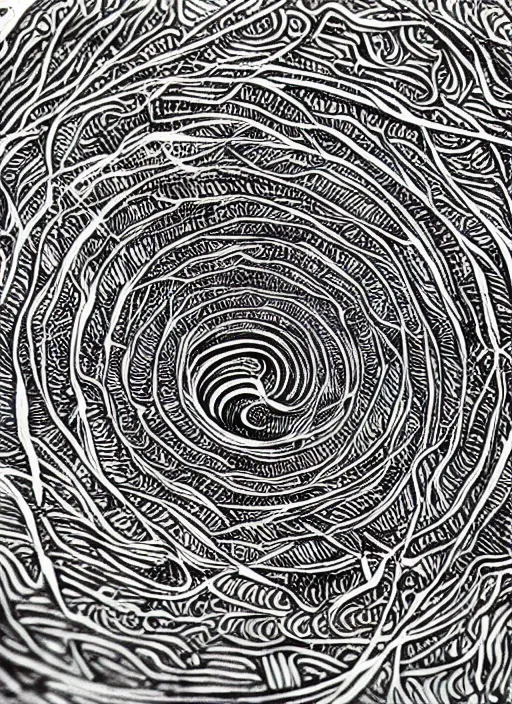 Image similar to a micron pen drawing of a wormhole, intricate