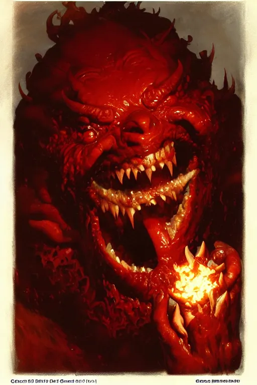 Prompt: red skinned hell demon screaming with joy eating baked beans portrait dnd, painting by gaston bussiere, craig mullins, greg rutkowski, yoji shinkawa