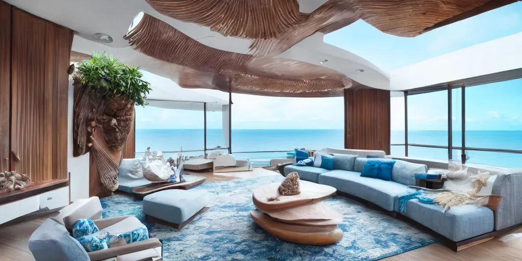 Image similar to a modern hi tech living room in a ocean hues style next to a big terrace overlooking the ocean, a luxurious wooden coffee table with large seashells on top in the center, inspired by the ocean, calm, relaxed style, harmony, wide angle shot, 8 k resolution, ultra detailed