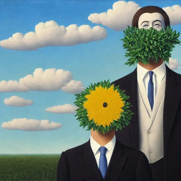 Image similar to portrait of a faceless beautiful flower - head man in a suit, clouds in the background, by rene magritte, detailed painting, distance, middle centered, hd, hq, high resolution, high detail, 4 k, 8 k