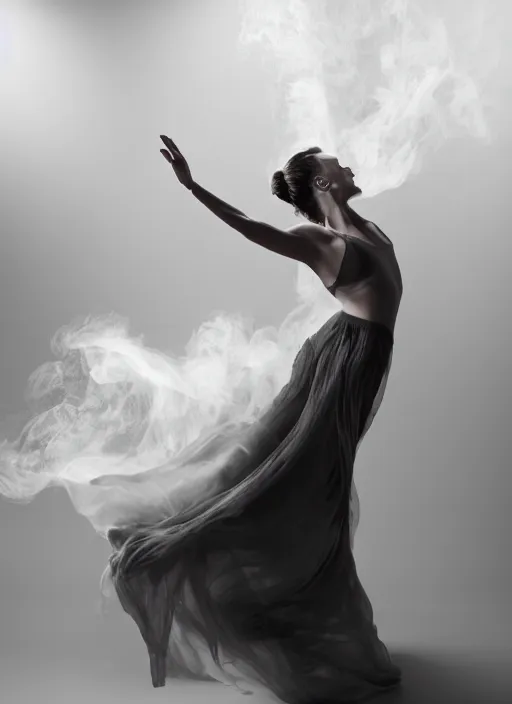 Image similar to a photorealistic dramatic hyperrealistic render of a glamorous beautiful female dancer by ken brower and deborah ory of nyc dance project, lois greenfield, flowing cloth and smoke, beautiful dynamic dramatic dark moody lighting, beautiful face volumetric, shadows, artgerm, cinematic atmosphere, octane render, 8 k