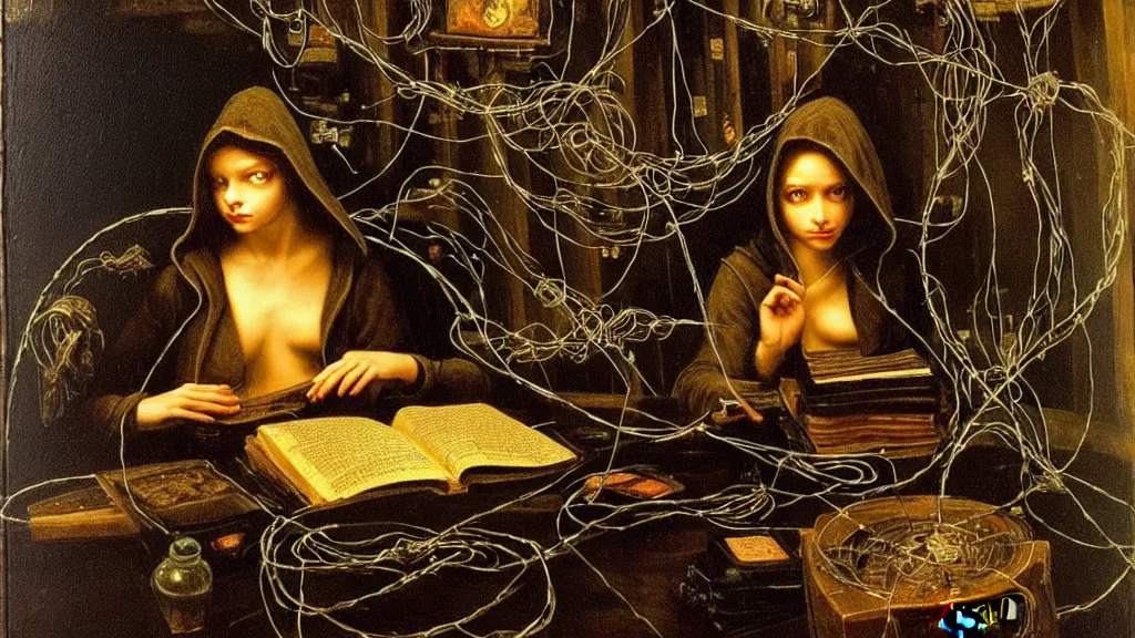 Image similar to prompt: a hacker in a hoodie, sitting in front of a monitor in a darkly lit rum Velasquez, nymph in the water performing alchemy, small flowers and cable wire around and on the side with artifacts and ancient book, intricate oil painting, high detail, Neo-expressionism, gnarly details