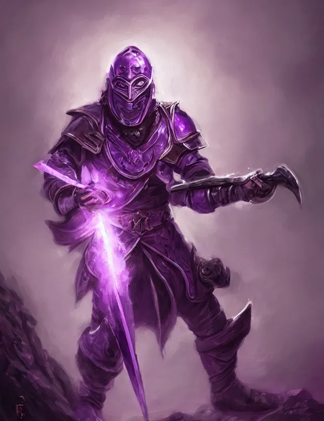 Image similar to a masked warrior in purple armour glowing violet, wielding a large purple sword that flashes with lightning, by frank fazetta and peter mohrbacher, trending on artstation, digital art, 4 k resolution, detailed, high quality, hq artwork, coherent, insane detail, concept art, character concept, character full body portrait