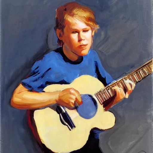 Image similar to a portrait of young james hetfield playing guitar, by gregory manchess and stanley lau