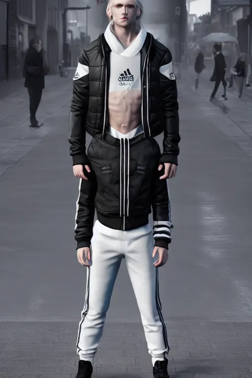 Prompt: extreme long shot. blonde russian man in white adidas pants. black jacket. white sneakers. sad face. staying on the street. 4k, 8k, unreal engine, hyprerealistic, trending om artstation, masterpiece