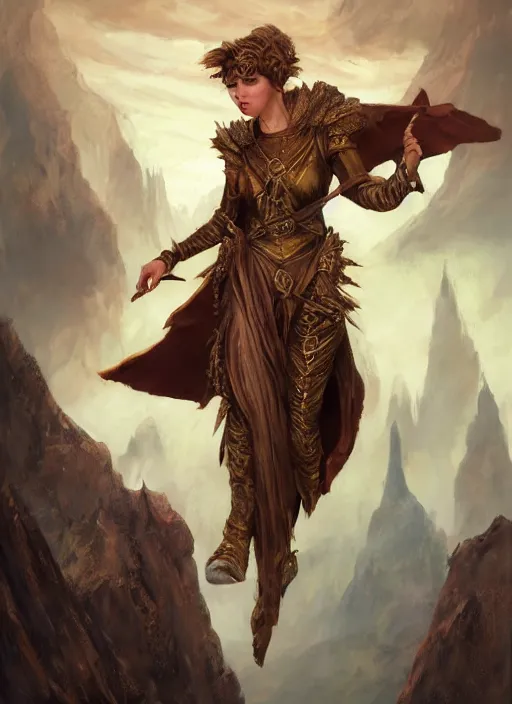 Image similar to queen Russian Sorcerous, short brown hair, pixie cut, mischievous, flying over a pit, flying over a chasm, flying, Ivan Aivakovsky, Boris Vallejo, epic fantasy character art, D&D Concept Art, full length, Realistic, Regal, Refined, Detailed Digital Art, Oil Paining, Exquisite detail, post-processing, masterpiece, Cinematic Lighting, Unreal Engine, 8k, HD, Stanley Artgerm Lau, WLOP, Rossdraws, Frank Frazetta, Andrei Riabovitchev, Marc Simonetti, trending on artstation, artbreeder, flawless
