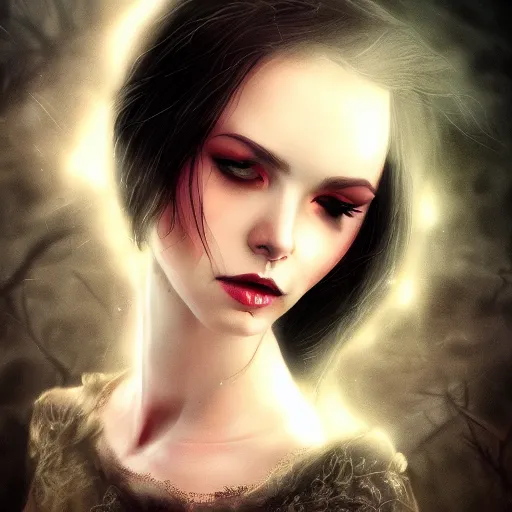 Image similar to beautiful dark witch portrait cinematic, realistic, detailed
