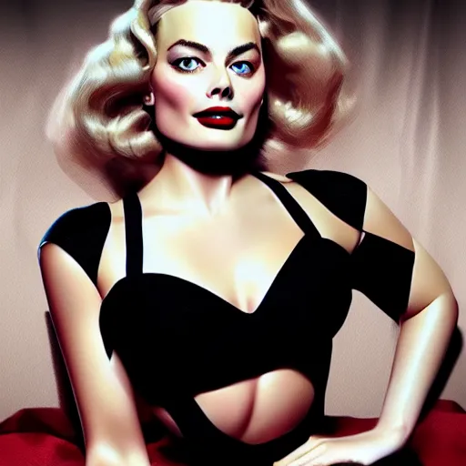 Image similar to Margot Robbie as a pinup girl, digital art, hyperrealistic