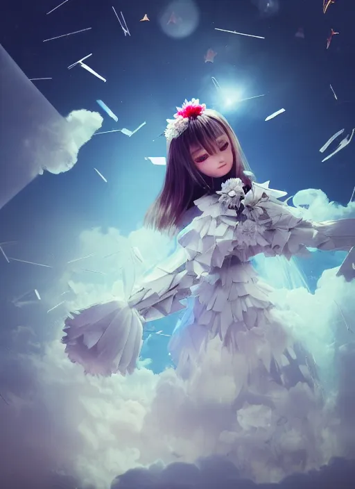 Image similar to background edge of space with puffy clouds are dusk, anthropomorphic paper woman wrapped in a flowing couture tissue paper, paper chrysanthemums, many origami stars, eery light, 3 d, very detailed, octane render, trending artstation, trending cgisociety, artgem