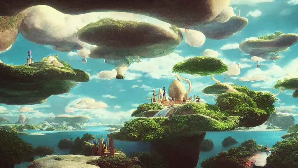 Image similar to floating islands with waterfalls connecting each other whimsical surrealism, based on child's drawing, lsd trip, dream recording, deep - space imaging fantastical setting isometric view octane render, art by salvador dali, greg rutkowski studio ghibli