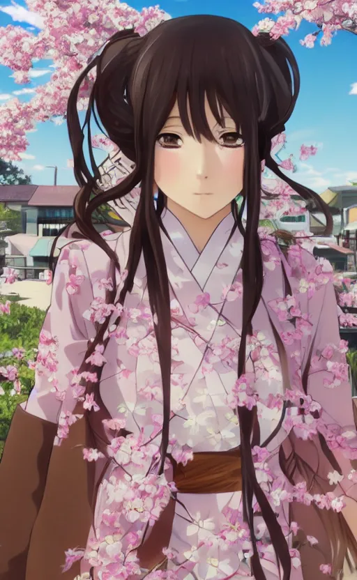 Image similar to anime style, gta 5, panoramic view of girl, centered, yukata clothing, sakura tree in background, brown hair, hair down, symmetrical facial features, from arknights, hyper realistic, extreme detail, volumetric lights, 4 k drawing, safebooru, realistic lighting, by alphonse mucha, greg rutkowski, sharp focus, backlit