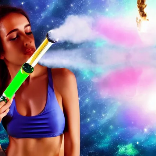Prompt: 4 k ultrasharp photo of girl in bikini flying in space and smoke green bong, background in space