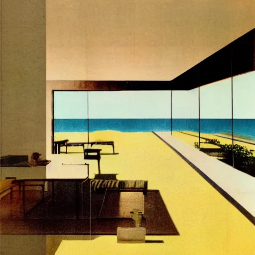 Prompt: architecture ad for a mid-century modern house by the beach, designed by Mies Van Der Rohe. Film grain, cinematic, colorized, yellow hue