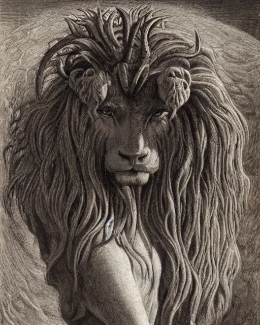 Prompt: a creature with the body and eyes of a man, with the beak of an eagle, the mane of a lion, and the horns of an ox by jean delville