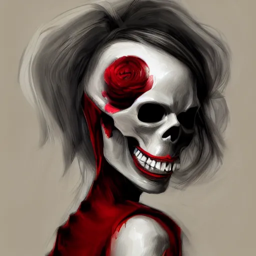 Image similar to Female death holding a red and black skull, kodachrome, high contrast, highly detailed, sharp focus, digital painting, concept art, illustration, trending on artstation
