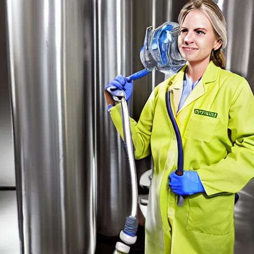 Prompt: woman in a lab coat leaning against a large compressed air tank. she's smirking while holding on to the tank's valve. a hose connects the tank to her mouth.